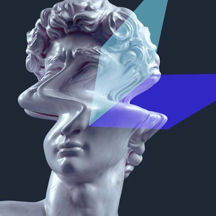 AI in Society image. A sculpture of a head is distorted. The Oxford Intersections overlay is shaded light and dark blue