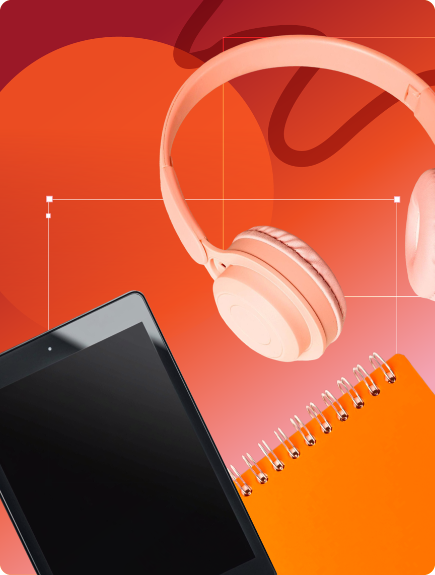 A designed image with rounded corners. Against a red and orange gradient, there are headphones, an electronic tablet, and a notebook